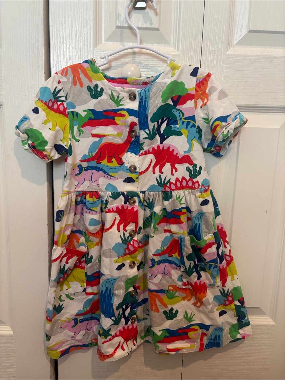 Mini Boden White Dress with Bright Multicolor Dino Print
